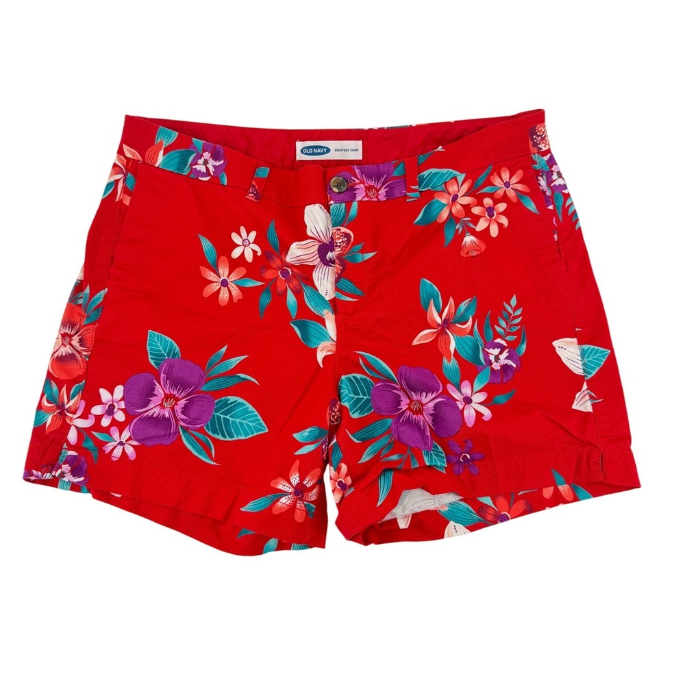 Red Floral Tropical Hibiscus Mid Rise Shorts‎ Bold Colorful Size 14 5 inseam